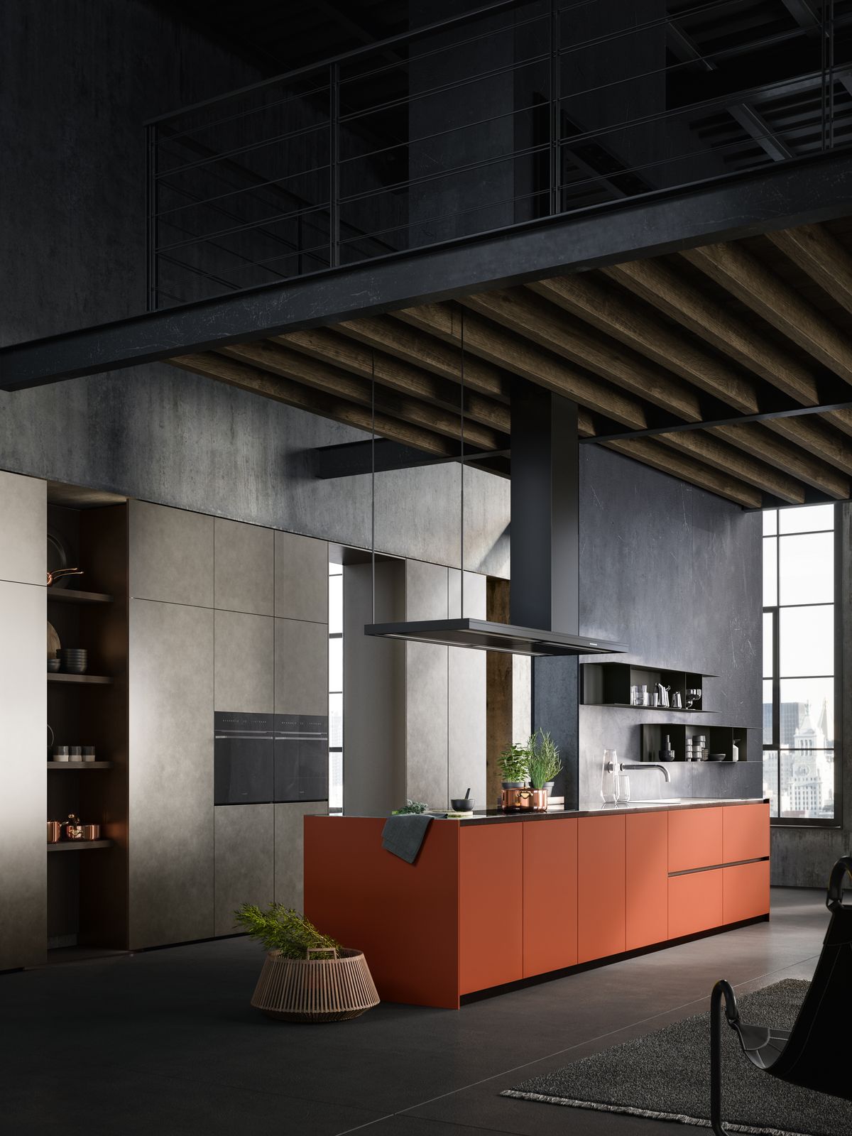Cuisine avec îlot terracotta