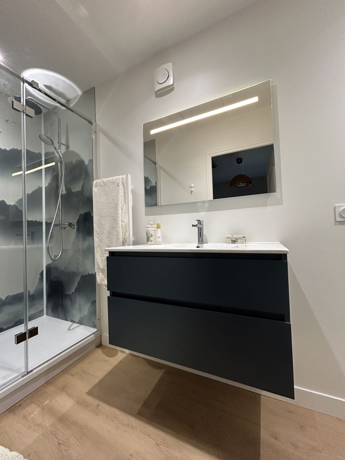 Meuble vasque noir et douche vitrée